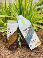 This image includes our plant-based Coconut Mocha Super Coffee and our plant-based French Vanilla Super Creamer. 