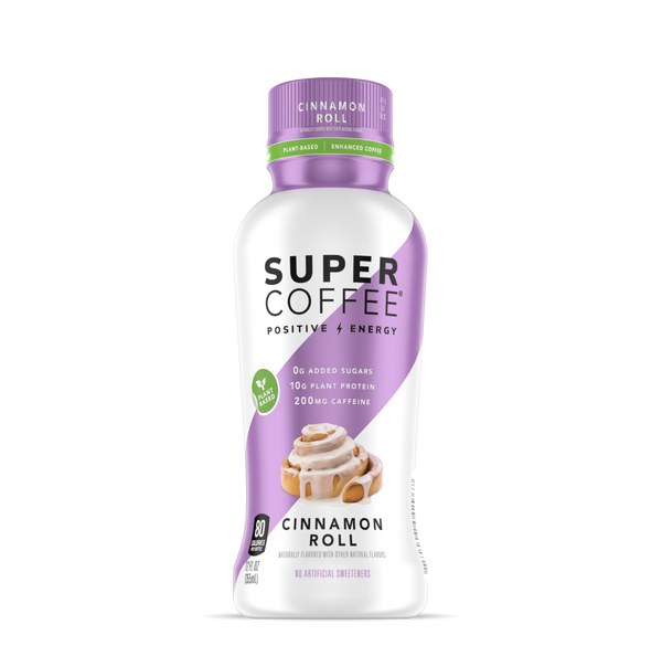 Front of a bottle of Cinnamon Roll Super Coffee. Plant-based product with 10g of protein.