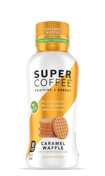 Front of a bottle of Caramel Waffle Super Coffee. Plant-based product with 10g of protein.