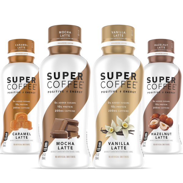 This is an image of the Super Coffee Variety Pack. This item contains 3 bottles of Caramel Super Coffee, 3 bottles of Mocha Latte Super Coffee, 3 bottles of Vanilla Latte Super Coffee, and 3 bottles of Hazelnut Latte Super Coffee